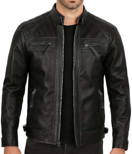 Men's Cafe Racer Leather Jacket Lambskin Leather Classic Open